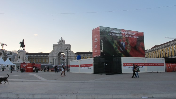 Just one of several enormous screens erected in Lisbon for public viewing of the World Cup. This one in Praia Commerciao